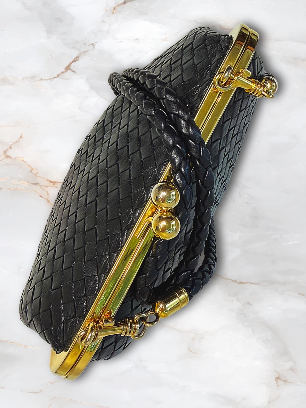 Vintage Black Woven Leather Kiss Lock Frame Bag 2 Way • Clutch Shoulder Purse - Picture 4 of 15